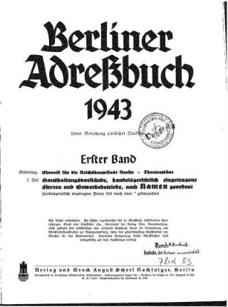 Berliner Adreßbuch 1943 Erster Band