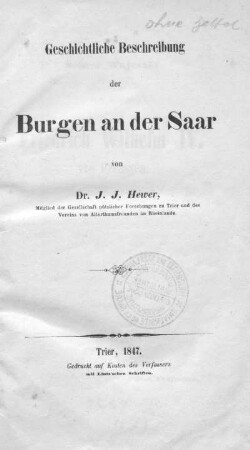 Geschichtliche Beschreibung der Burgen an der Saar