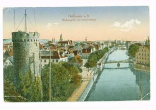 "Neckarpartie mit Bollwerksturm" - Gesamtansicht, Blick auf nördliche Altstadt und Untere Neckarstraße (color)