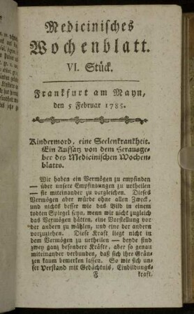 VI. Stück. Frankfurt am Mayn, den 5 Februar 1785. - IX. Stück. Frankfurt am Mayn, den 26 Februar 1785.