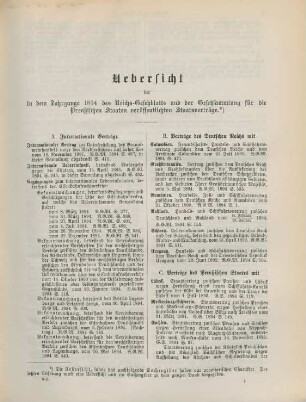 Uebersicht der in dem Jahrgange 1894 des Reichs-Gesetzblatts und der Gesetzsammlung für die Preußischen Staaten veröffentlichten Staatsverträge
