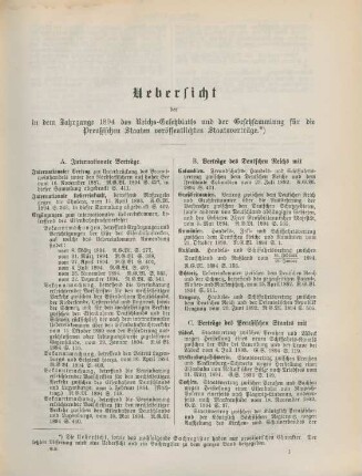 Uebersicht der in dem Jahrgange 1894 des Reichs-Gesetzblatts und der Gesetzsammlung für die Preußischen Staaten veröffentlichten Staatsverträge