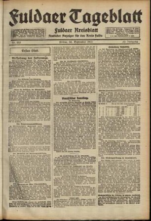 Erste Ausgabe vom Freitag, den 30. September 1921.