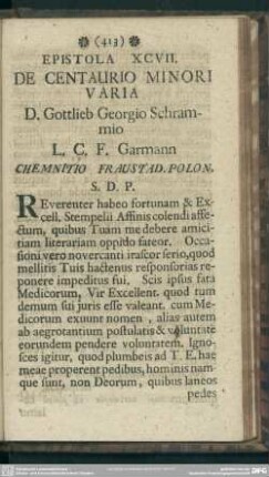 Epistola XCVII. De Centaurio Minori Varia. D. Gottlieb Georgio Schrammio L. C. F. Garmann Chemnitio Fraustad. Polon.