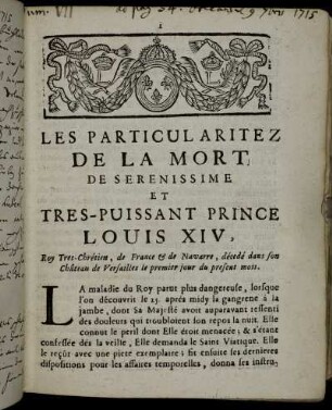 Les Particularitez De La Mort De Serenissime Et Tres-Puissant Prince Louis XIV [...]