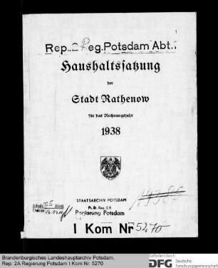 Haushaltssatzung und Haushaltsplan der Stadt Rathenow für das Rechnungsjahr 1938