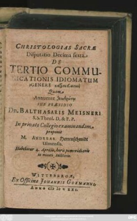 Christologias Sacrae Disputatio Decima sexta De Tertio Communicationis Idiomatum Genere kazōskaasikē