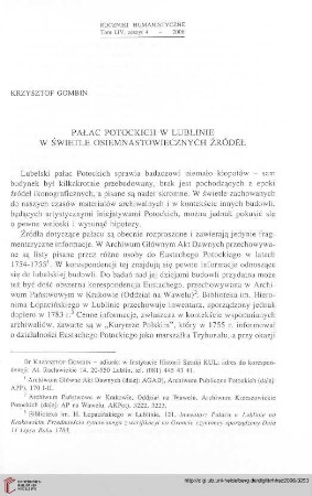 54: Pałac Potockich w Lublinie w świetle osiemnastowiecznych źródeł : =