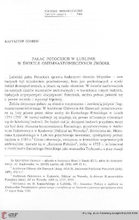 54: Pałac Potockich w Lublinie w świetle osiemnastowiecznych źródeł : =