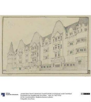 Marienbad, Projekt Kurhotel in Königswart, erster Vorentwurf, Perspektive der Hauptfassade von Südwesten