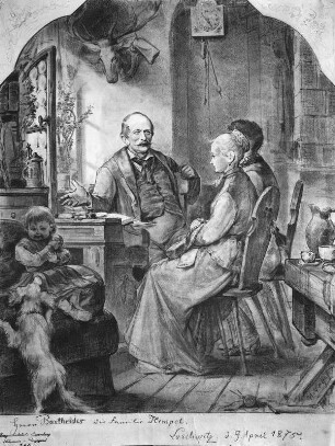 Die Familie Hempel : Die Familie Hempel. Kohlezeichnung? (bezeichnet 9. April 1875). Privatbesitz