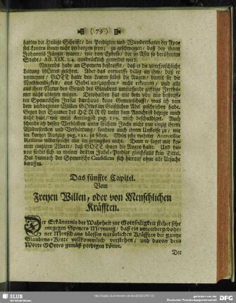 Das fünffte Capitel. Vom Freyen Willen, oder von Menschlichen Kräfften