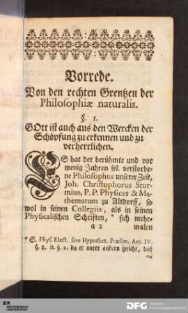 Vorrede. Von den rechten Grentzen der Philosophiæ naturalis.
