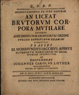 Dissertationem ex iure naturae An liceat brutorum corpora mutilare