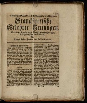 Num. XCI. Freytags den 11. Nov. 1740 - Num. C. Dienstags den 13. Dec. 1740