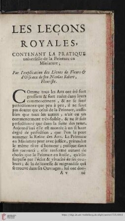 Les Leçons Royales, contenant la Pratique universelle del la Peinture en Miniature