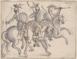Drei amerikanische Reiter; Vorzeichnung zu Balthasar Küchlers: "Repraesentatio der Fürstlichen Auffzug und Ritterspil..." 1609
