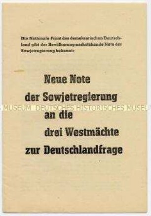 Sonderdruck der UdSSR-Note vom 15.8.1953 an die Westalliierten für Friedenskonferenz über Friedensvertrag, Provisorische deutsche Regierung und freie gesamtdeutsche Wahlen