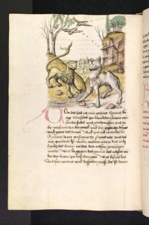 Dimna vor dem Löwen; (Kapitel II: Von dem Löwen und dem Ochsen)