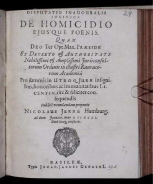 Disputatio Inauguralis Iuridica De Homicidio Eius'que poenis