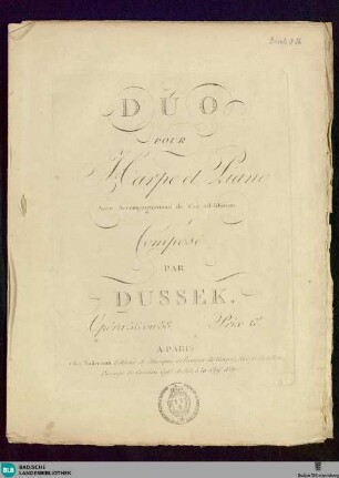 Duo pour harpe et piano : avec accompagnement de cor ad-libitum; opéra 36 ou 38; dédié à Madame la Comtesse de Canisy