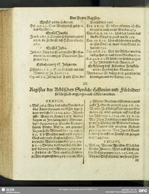 III. Register der Biblischen Sprüch, Historien und Fürbilder, so kürtzlich angezogen und erklärt worden