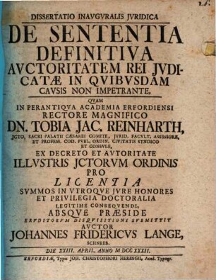 Diss. inaug. iur. de sententia definitiva, auctoritatem rei iudicatae in quibusdam causis non impetrante