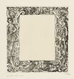 Bordüre mit Figuren und Waffen, aus: Paolo Giovio, PAVLI IOVII NOVOCOMENSIS EPISCOPI NVCERINI Elogia Vironum bellica virtute illustrium [...], Basel 1575, S. 3