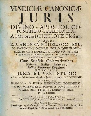 Vindiciae Canonicae Juris Divino-Apostolico-Pontificio-Ecclesiastici...