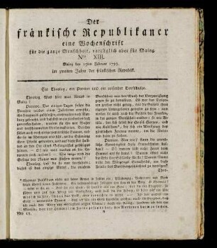 Nro. XIII. Mainz den 15ten Februar 1793. im zweiten Jahre der fränkischen Republik.