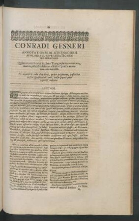 Conradi Gesneri Annotationes In Athenagorae Apologiam, Sive Legationem Pro Christianis. Quibus etiam Henrici Stephani Typographi Annotationes ...