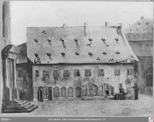 Städtisches Gymnasium in Räumen des ehemaligen Barfüßerklosters an der Paulskirche, rechts Haus zum Schwan (heute Bethmannstraße 1)