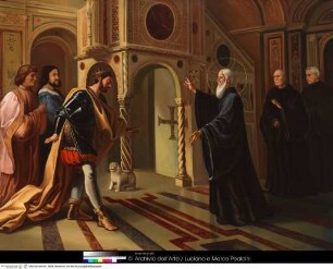 Der heilige Abt Mariunus von Cava präsentiert die Kanzel der Klosterkirche