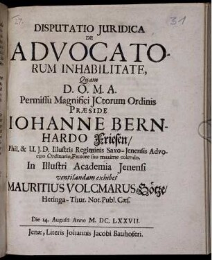 Disputatio Iuridica De Advocatorum Inhabilitate