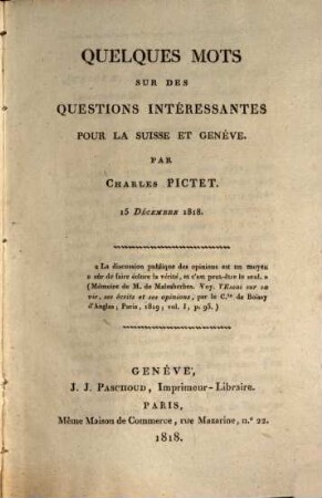Quelques mots sur des questions interéssantes pour la Suisse et Genève : 15. XII. 1818