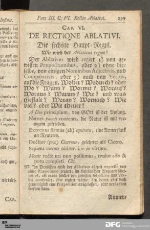 Cap. VI. De Rectione Ablativi. Die sechste Haupt-Regul