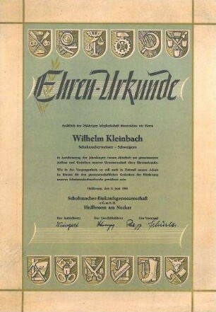 Ehrenurkunde für Wilhelm Kleinbach, Schwaigern, für 25jährige Mitgliedschaft in der Schuhmacher-Einkaufsgenossenschaft Heilbronn