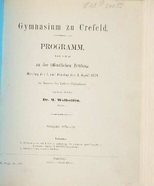 Programm des Gymnasiums zu Crefeld : Schuljahr ... von Ostern ... bis Ostern ..., 1878/79