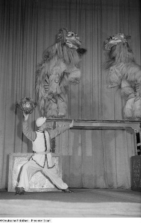 Tänzer des chinesischen Jugend-Kunst-Ensembles in aufwendiger Kostümierung beim "Löwentanz"
