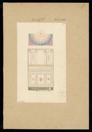 Badehaus Monatskonkurrenz Februar 1829: Grundriss, Aufriss Vorderansicht, Längsschnitt, perspektivische Ansicht; Maßstabsleiste
