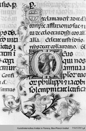 Missale Romanum : Textseite mit floraler Bordüre und historisierter Initiale O: Petrus und Paulus