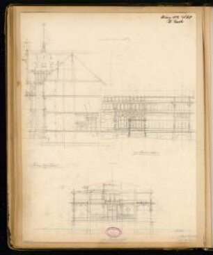 Kurhaus und Badeanlage, Hamm Monatskonkurrenz März 1882: Längsschnitt und Querschnitt durch den großen Speisesaal im Haupthaus 1:100