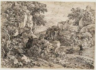 Gebirgslandschaft mit Felsen, Burg, Gewässer, Männern auf dem Felsen und im Boot - Tanditi in deliberatione