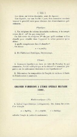 Concours d'admission a l'École Spéciale Militaire (1890).