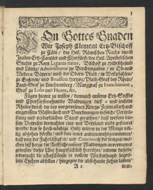 Von Gottes Gnaden Wir Joseph Clement Ertz-Bischoff zu Cöln/ ...