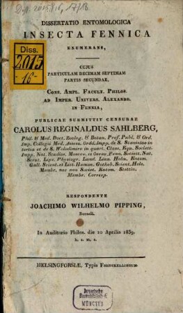 Dissertatio entomologica Insecta Fennica enumerans