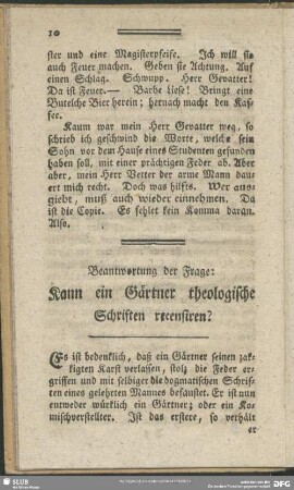 Beantwortung der Frage: Kann ein Gärtner theologische Schriften recensiren?