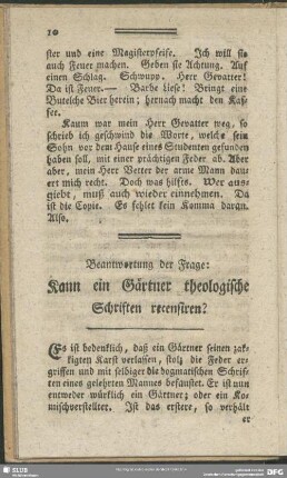 Beantwortung der Frage: Kann ein Gärtner theologische Schriften recensiren?