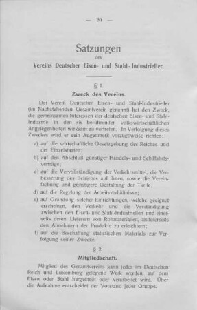 Satzungen des Vereins Deutscher Eisen- und Stahl-Industrieller.