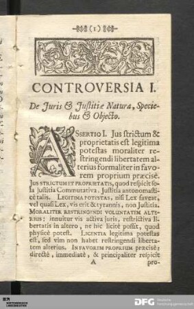 Controversia I. De Juris & Justitiæ Natura, Speciebus & Objecto.